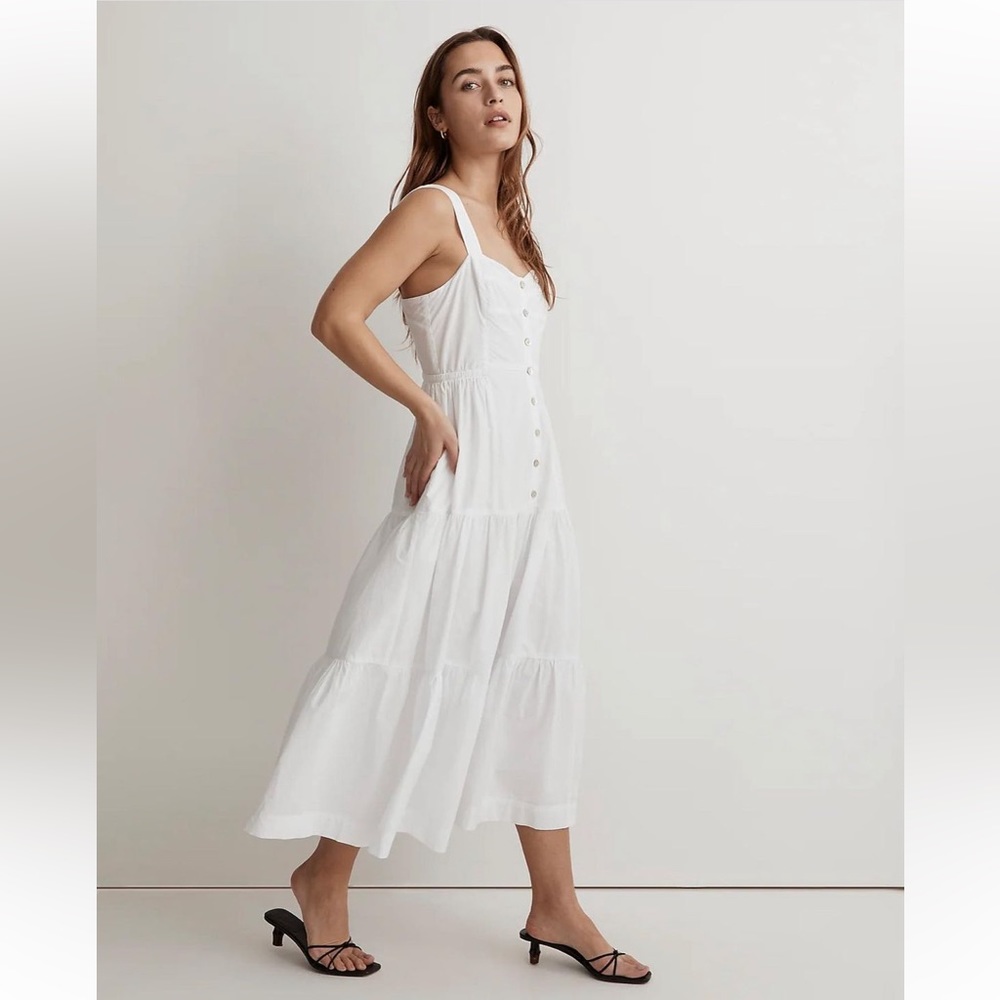 NWT Madewell Button-Front Tiered Midi Dress, white, various sizes